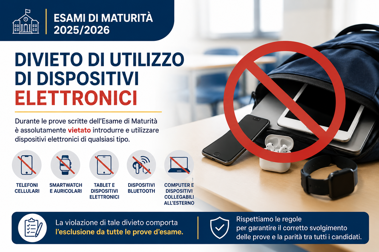 Divieto di utilizzo di dispositivi elettronici durante lo svolgimento delle prove scritte dell'Esame